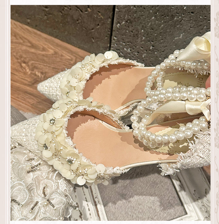 Beige Pointed Toe Floral High Heels with Beaded Chain