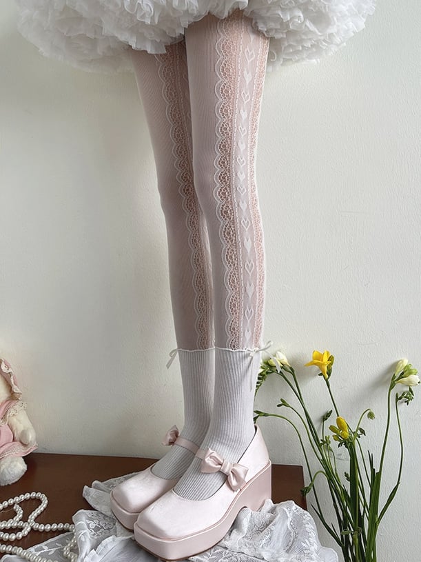 Weiße Strumpfhose mit Lolita-Muster und Herz