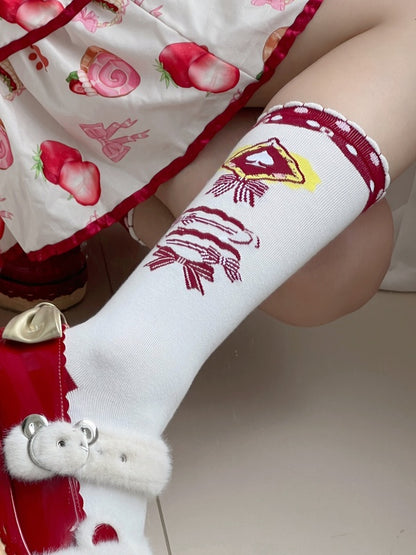 White Lolita Bowknot Print Ruffled Cuff Calf Socks