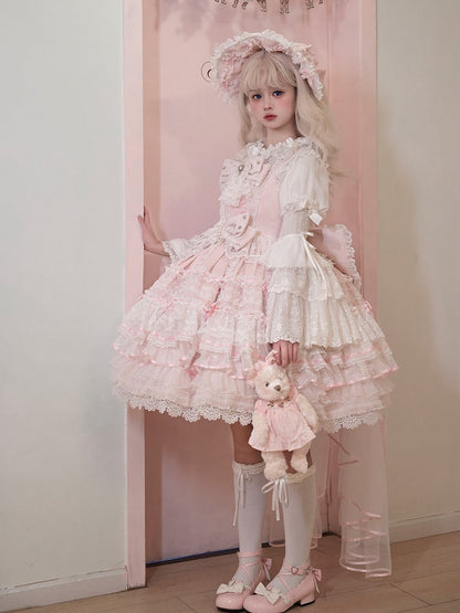 Pink Hanayome Bowknots Decorated Layered Skirt Sweet Hime Lolita Jumper Skirt Set