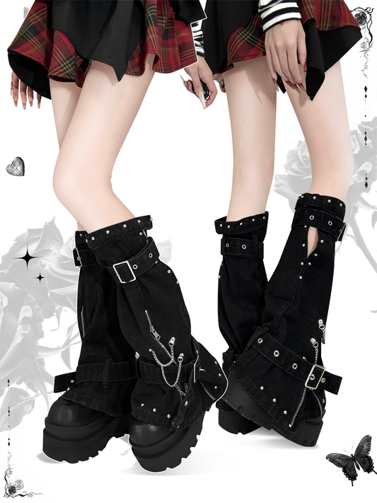Black Punk 47.5cm Leg Warmers with Zipper and Buckle Straps at Cuffs Studded