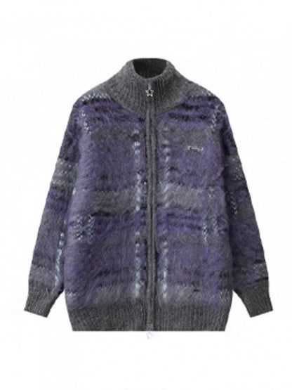 Striped Purple Gray Sweater Ribbed with Detailing Lockstitch Cuffs Mohair Knit Loose