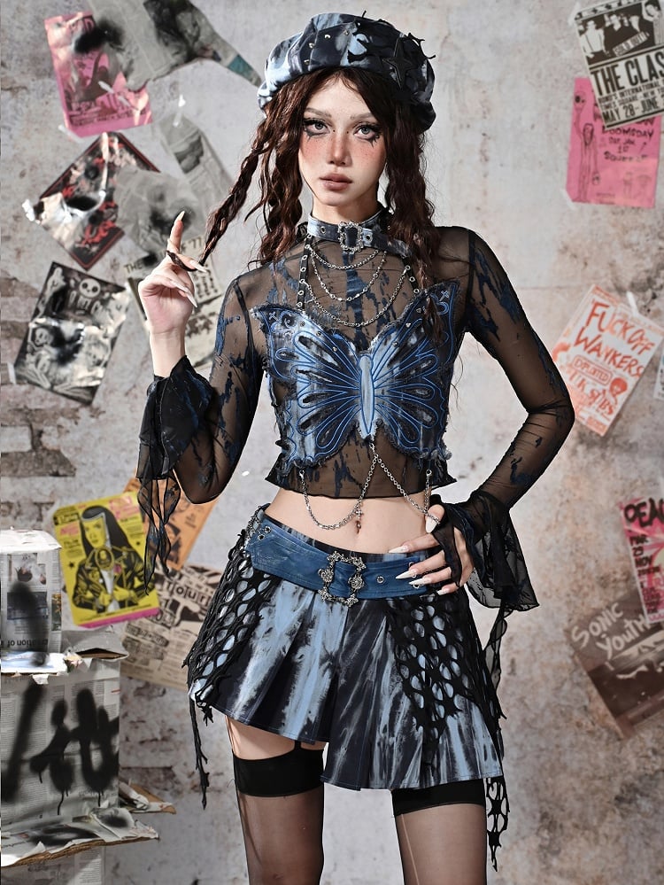 Grunge Punk Rock Fairycore Blue and Black Bell Sleeves Mesh Top