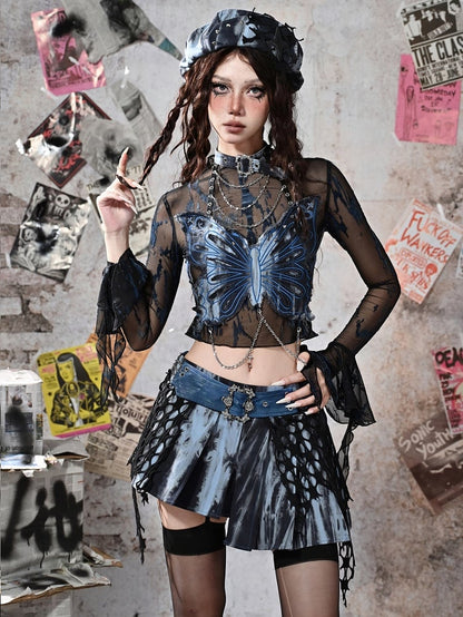 Grunge Punk Rock Fairycore Blue Tie Dye Butterfly Halter Neck Top Studs