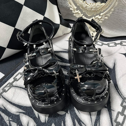 Y2K Polished Black Stud Bowknot Buckle Strap Punk Platform Shoes