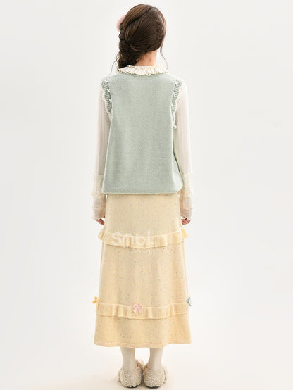 Yellow Bow Accents High Waist Knit Midi Length Skirt