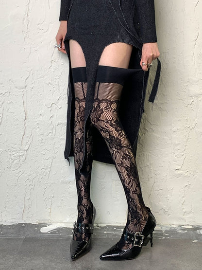 Black Hollow-out Floral Pattern Overknee Stockings
