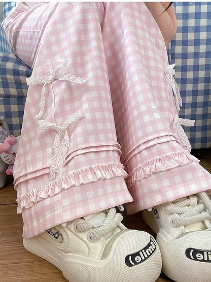 Pink Plaid High Waist Lace Bowknots Wide-Leg Pants Version Regular/Short