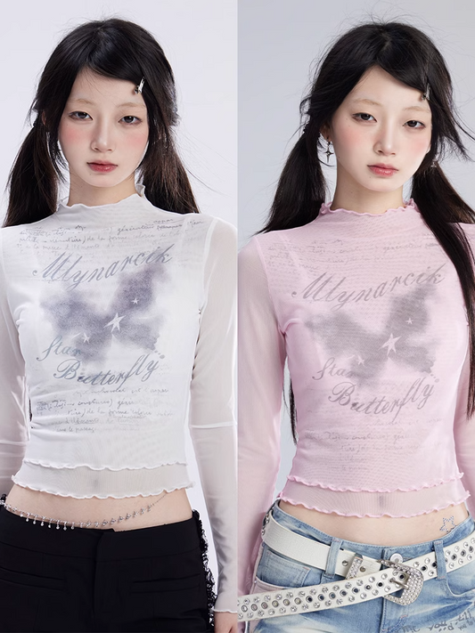 Pink/White Semi-sheer Top Butterfly Print Lettuce Hem Mesh