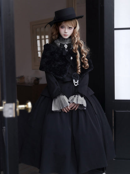 Black Juliette Sleeves Rounded Flat Collar Coat + Shawl + Brooch