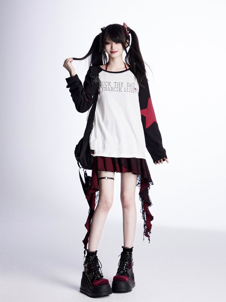 Loose Top Sleeves Black and White Colorblock Design Star Appliques