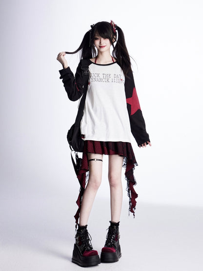 Loose Top Sleeves Black and White Colorblock Design Star Appliques