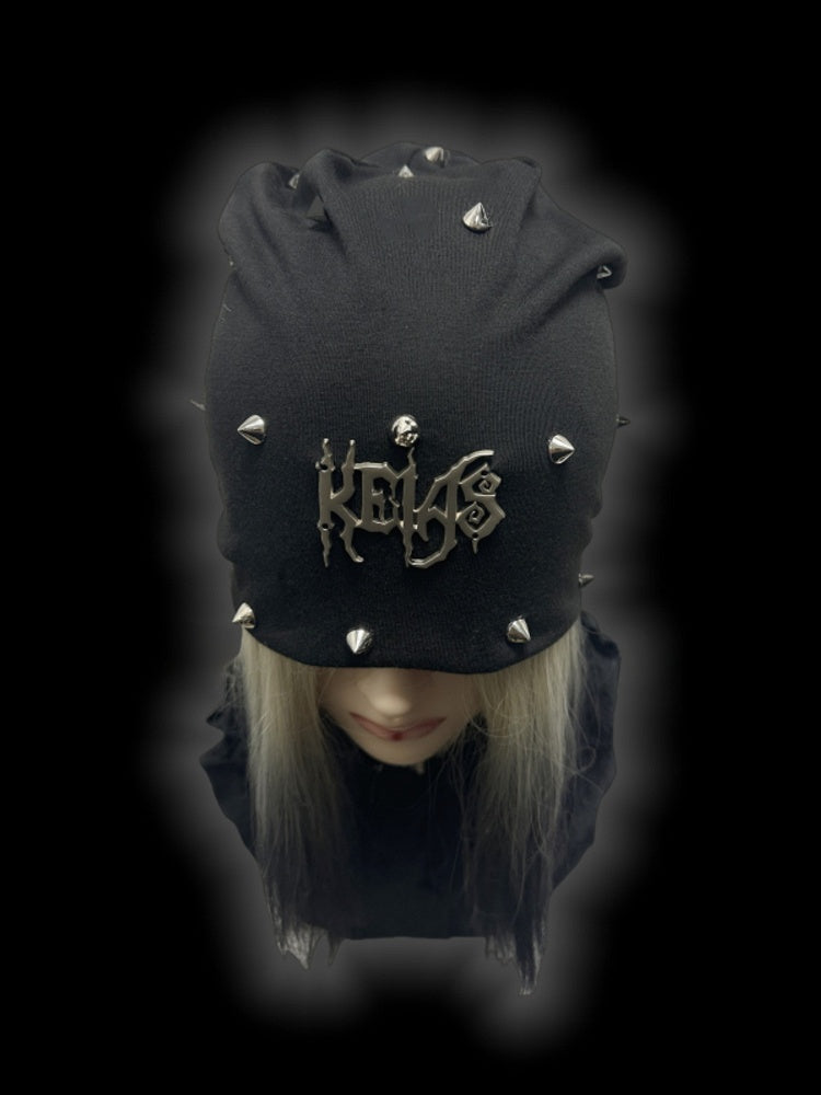 Y2K Black Metallic Letter Details Studs Punk Slouchy Beanie