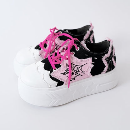 Black Pink Star Applique Platform Sneakers