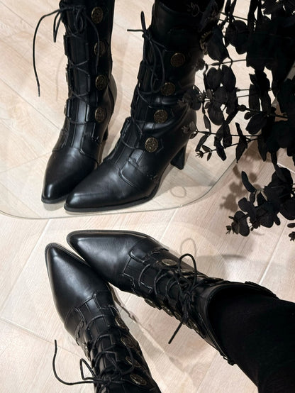 Lace-Up Pointed Leather Buckle Mid-Calf Boots Toe Elegant Embellishments - with Heels Lolita PU and Black