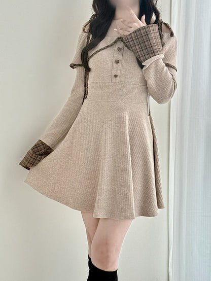 Plaid Light Detail with - Knit Jirai Heart Cuffs Off-the-Shoulder Button Kei Brown Dress