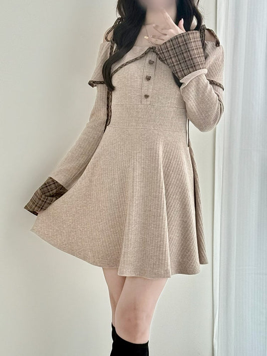 Plaid Light Detail with - Knit Jirai Heart Cuffs Off-the-Shoulder Button Kei Brown Dress