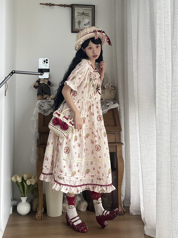 Strawberry Print Pink House Beige Short Sleeves Lolita Dress