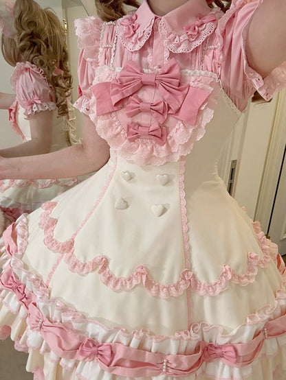 / Blouse Bows Small Pink Short Decoration Sleeves White