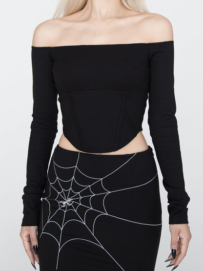 Black Off-the-shoulder Neckline Curved Hem Top