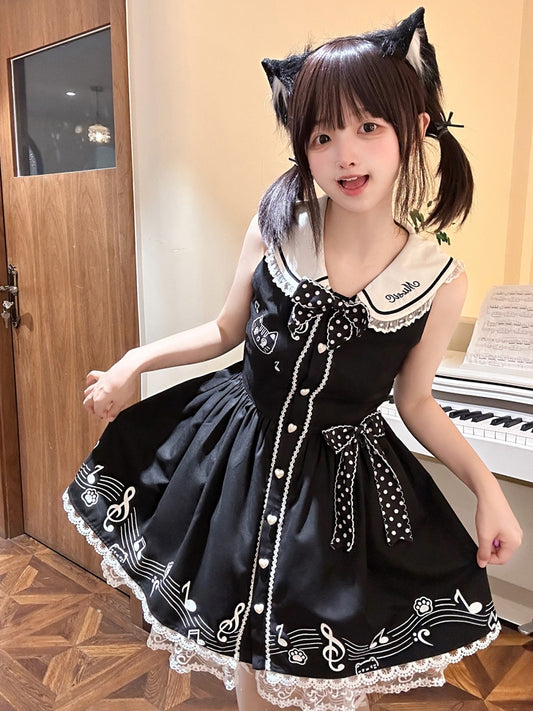 Design Sleeveless Melodic Kitty Black Sailor Collar Keyboard Dress Back