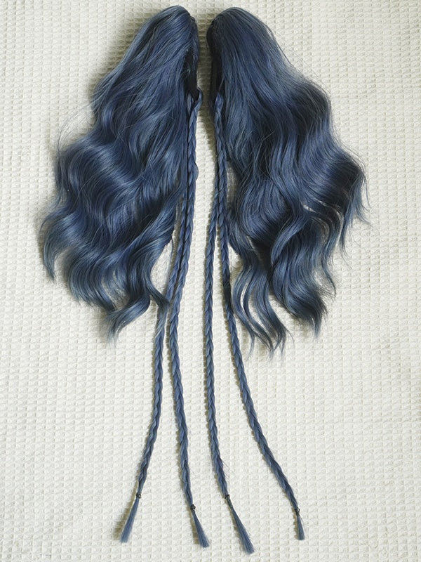 Dusty Blue Bob Cut Short Wig With Bangs＋Double Wavy Ponytail Claw Clips