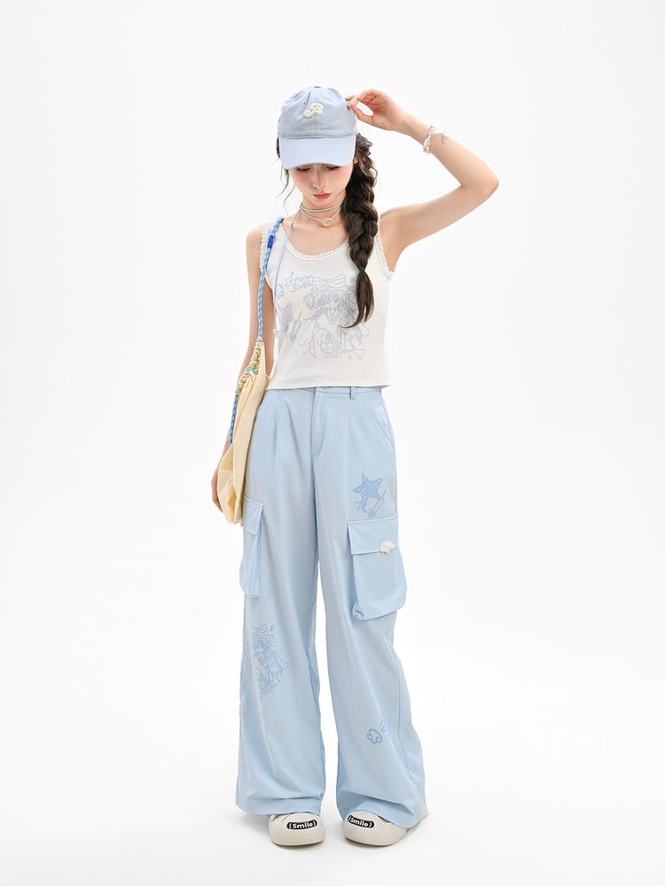 Loose Straight-Leg Pants Pockets Blue Anime Print Cargo