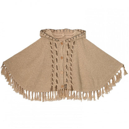 Cape with Tassel Hem Khaki Knitted Hooded