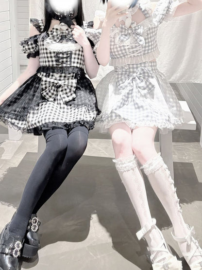 Plaid Idol Design Neckline Bowknot+ Set- Off-the-shoulder Choker High Waist Top Jirai Kei Gray + Bunny Skirt+ Ears