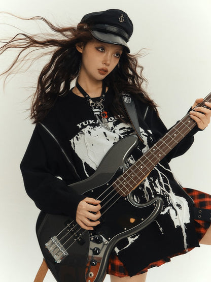 Zips Black Loose Rock Neck Design Punk Round Sweater