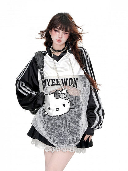 Kitty Pattern Contrast Lace Patches V-Neck Loose Sweatshirt