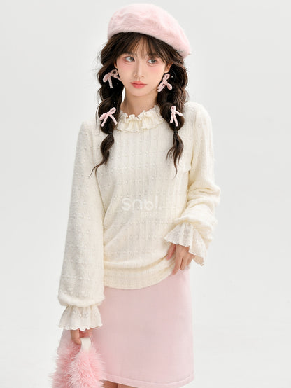 Beige Ruffle Neckline Long Sleeves Top