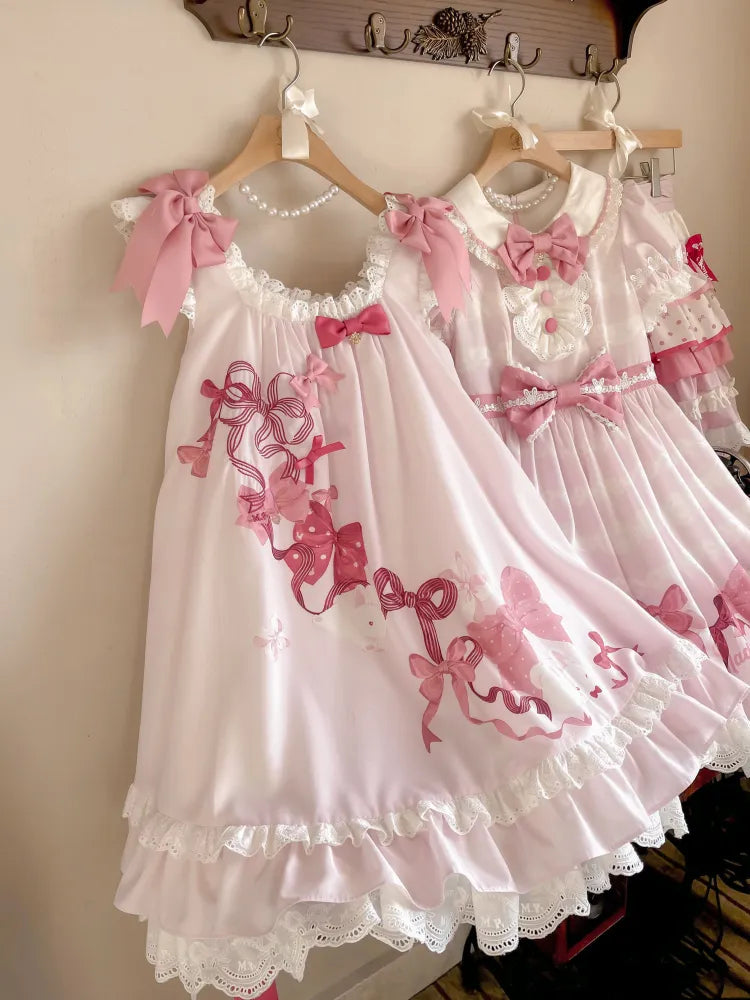 Eyelet Scalloped Sweet Pink Trimming Print Bow Dress and Lolita Bunny
