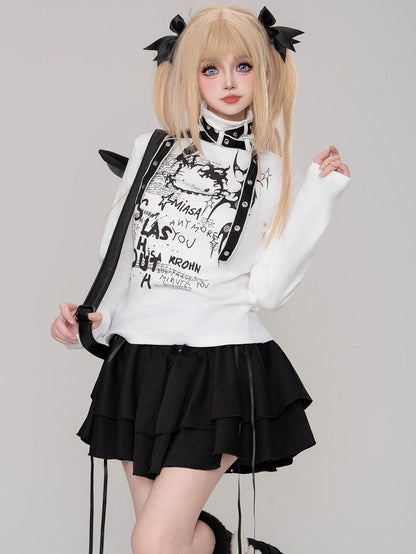 Jirai Kei Black/White Kitty Strap Details High Neck Top