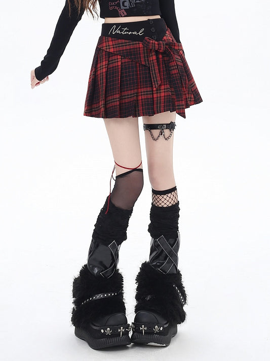 Glamorous Waist Bowknot Mini Pleated Skirt Red Plaid High