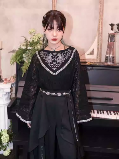 Style Hollow-out Black Hem Cheongsam Lace Top Tassel Seahorse and Coral Embroidery