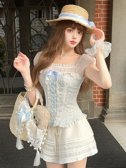 Ruffled Sleeves Blue Corset Hem Peplum Puff Top Faux Two-Piece With