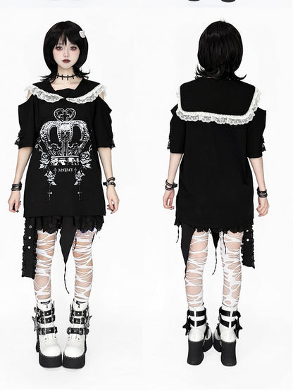 with Purple Crown White and Print Shoulders - Cutout / T-Shirt Collar Black Beaded Sailor