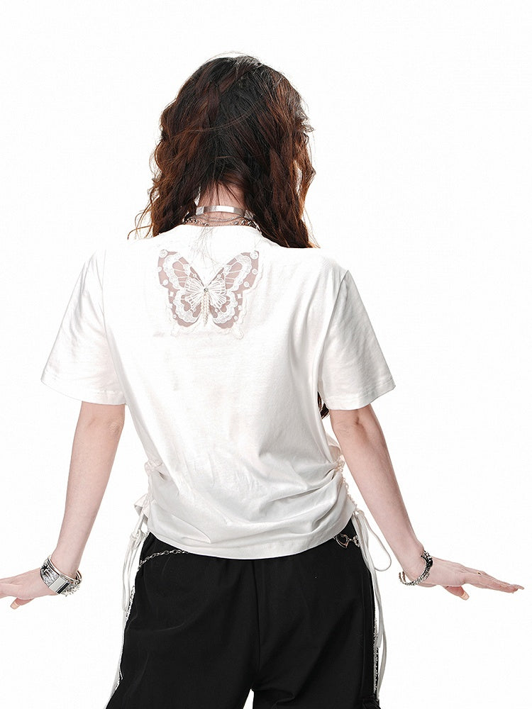 Black/White Butterfly-Shaped Cutout Details Drawstring Waist Glamorous  T-Shirt