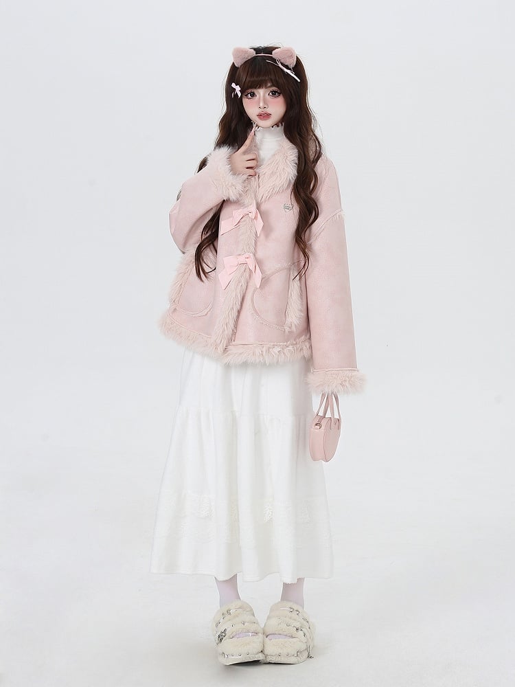 Pink Bowknot Detail Faux Fur Trim Thick Coat