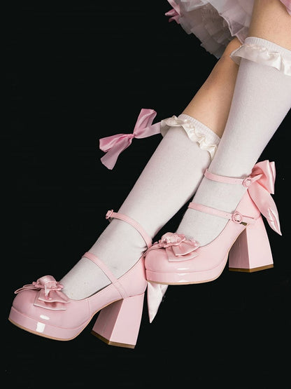Heels at High Pink Block Bow Top Platform Polished