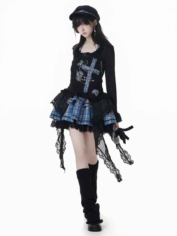 Print Design Butterfly Handkerchief Hem Idol Blue Plaid Criss-cross Halter Top Black and Rose