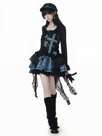 Print Design Butterfly Handkerchief Hem Idol Blue Plaid Criss-cross Halter Top Black and Rose