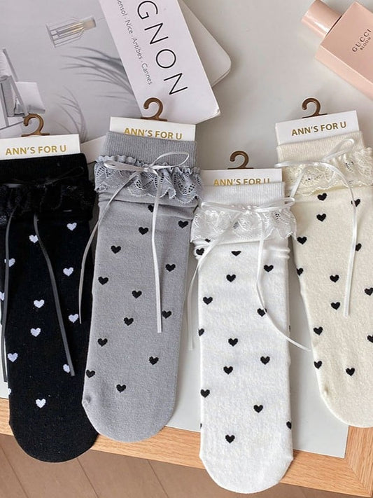 Lace Black/White/Yellow/Gray Cuffs Details Socks Calf Heart Print Ruffled Bowknot