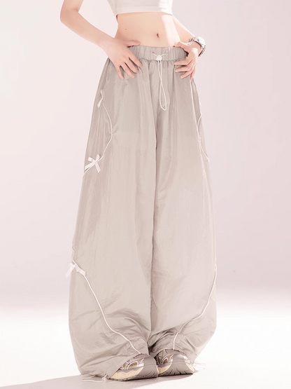 Gray Drawstring Waist and Cuffs Bowknot Wide-leg Casual Pants Details