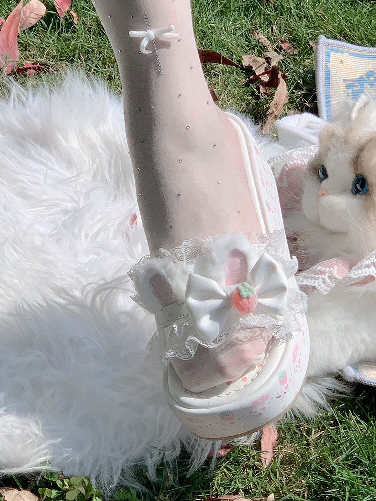 Trim Bow Platform Lolita Lace Accents Sweet White Ear Bunny Slippers Plush