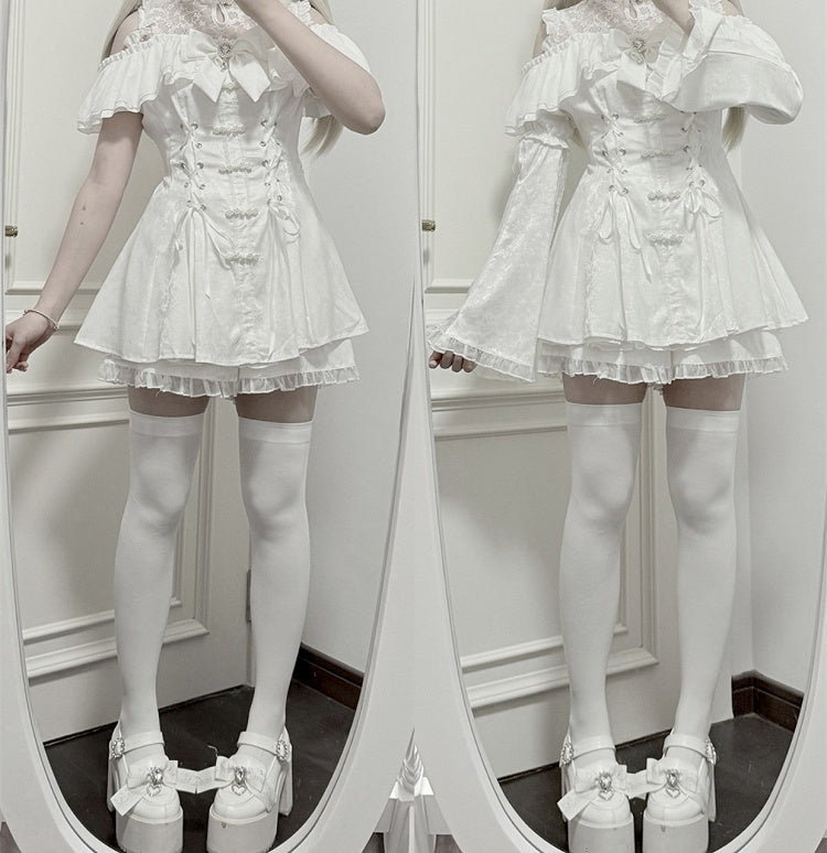 Style Illusion Bow Tie Mini Dress Set- Kei Cheongsam White + Shorts Jirai Neckline + Bell Sleeves