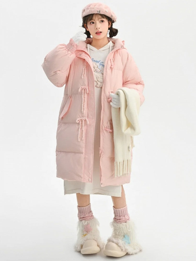 Pink Hooded Down Bowknot Horn Shaped Button Coat