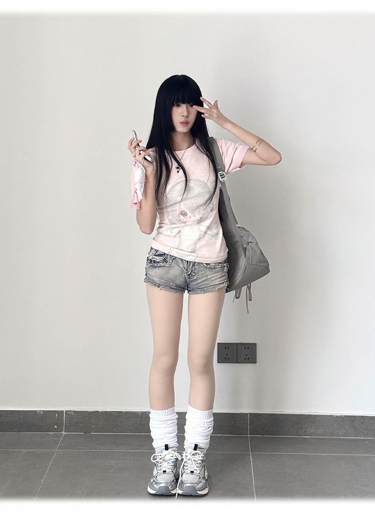Neck BJD Doll Print Slim-fitting T-Shirt Pink Round