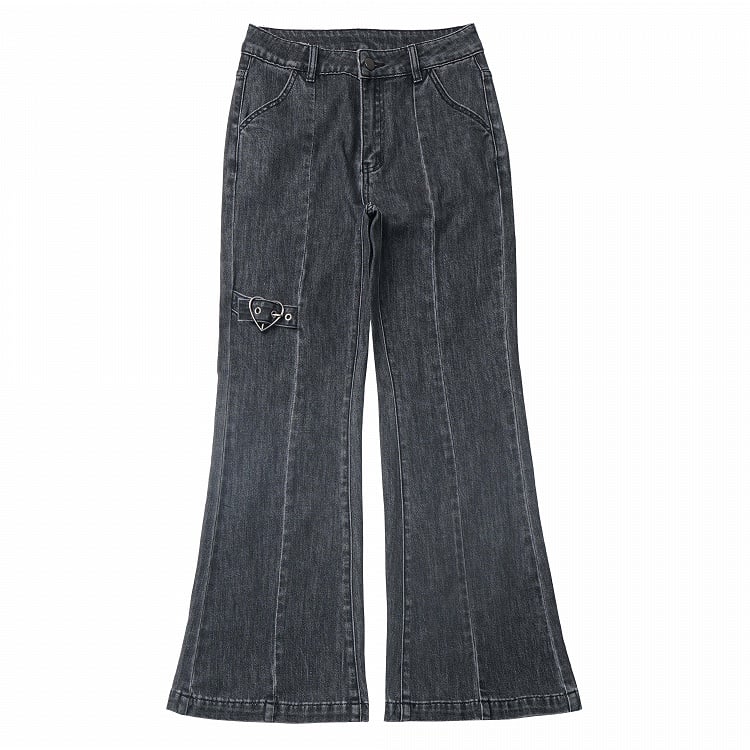 Detail Faded Wash Distressed Gray Flared Jeans Heart Buckle
